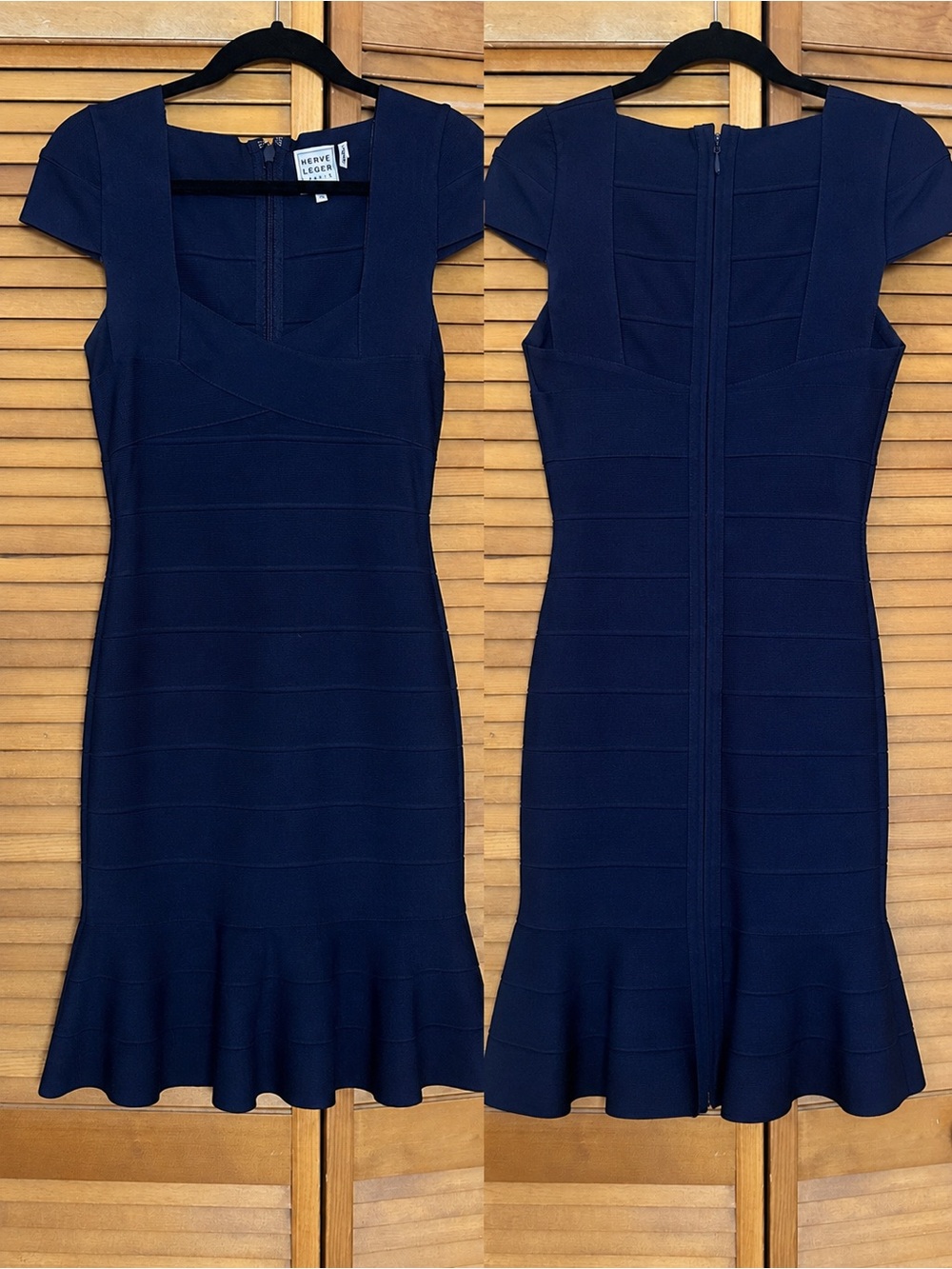 Herve Leger Navy Bandage Fit-and-Flare Ruffle-Hem Dress